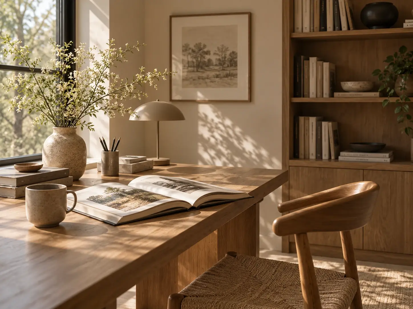 Minimalist Nordic interior with architectural books and a view